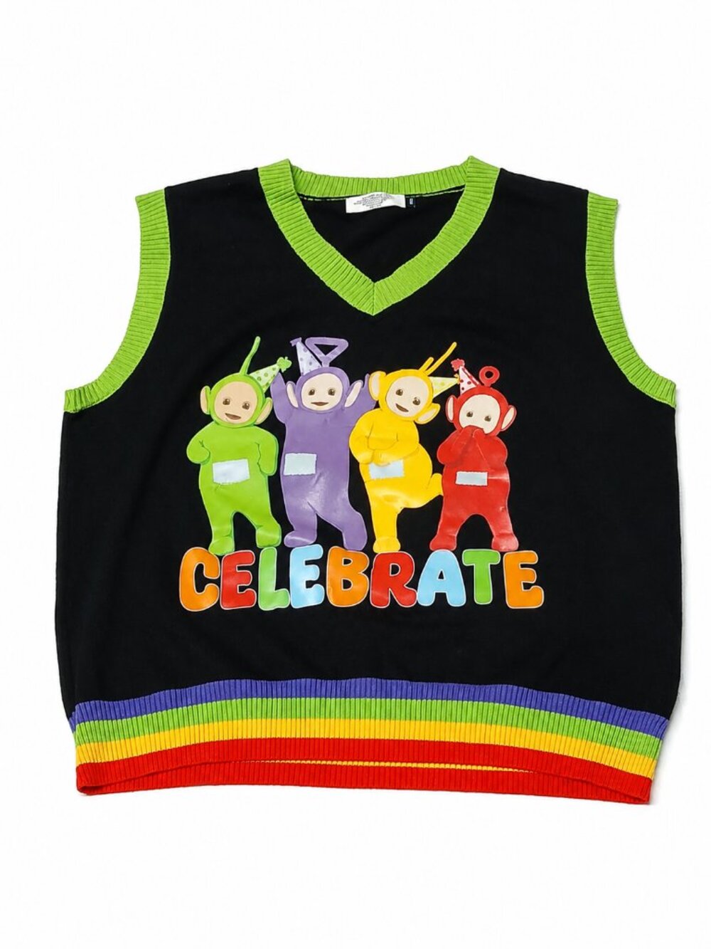 Teletubbies x Shein Sweater Vest Black w/ Rainbow Trim Oversized Fit Y2K Kawaii